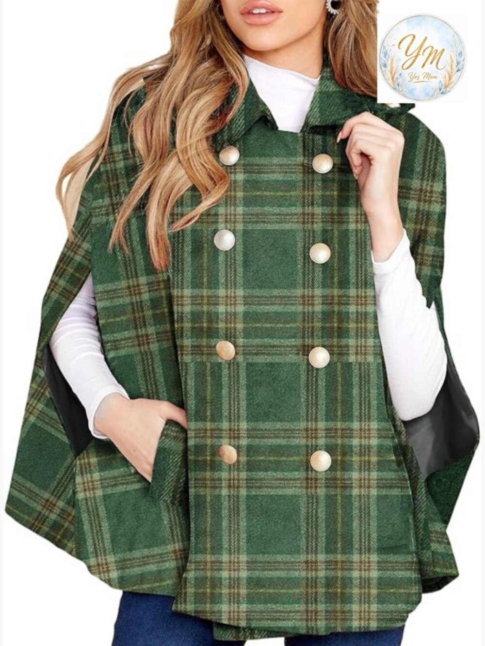 Double Breasted Plaid Cape Coat with Pockets Poncho Coat